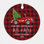 書道のミセス・クリスマストラック赤い格子縞 メタルオーナメント (正面)