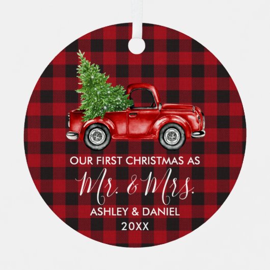 書道のミセス・クリスマストラック赤い格子縞 メタルオーナメント (正面)