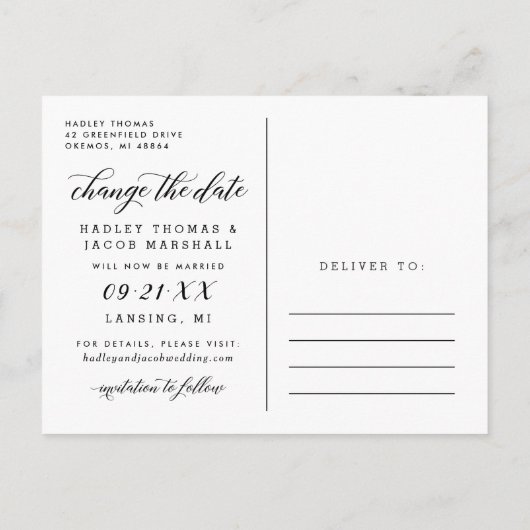 書道の写真モダンの結婚変更 案内ポストカード (裏面)