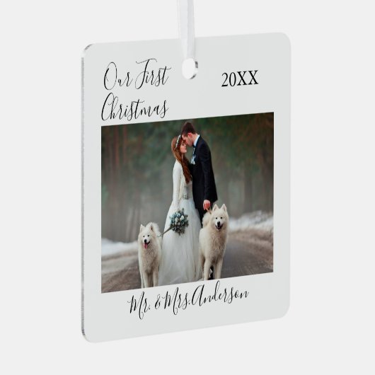 書道の初めてのクリスマス結婚写真 メタルオーナメント (正面右)