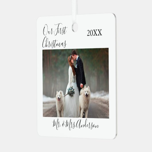 書道の初めてのクリスマス結婚写真 メタルオーナメント (正面左)