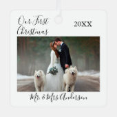 書道の初めてのクリスマス結婚写真 メタルオーナメント (正面)