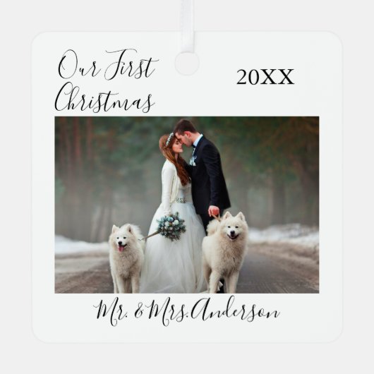 書道の初めてのクリスマス結婚写真 メタルオーナメント (正面)