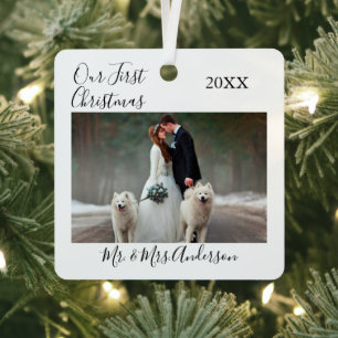 書道の初めてのクリスマス結婚写真 メタルオーナメント