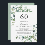書道の台本の葉60th誕生日パーティー 招待状<br><div class="desc">60歳の誕生日パーティーの招待状は、誕生日パーティーに最適な書道台本モダン。このデザインは、美しい花束や幾何学的なエレガントパターンに配置された水色の手で描かれた植物性ユーカリの枝や葉を備えている。</div>