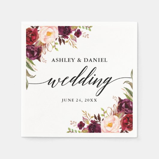 書道の水彩ブルゴーニュフローラ結婚ズ スタンダードカクテルナプキン (正面)