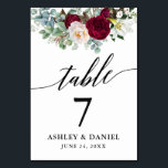 書道の水彩ブルゴーニュフローラ結婚ズ テーブルナンバー<br><div class="desc">書モダンエレガント字スクリプト水彩画Burgundyフローラのテー結婚ブルカード</div>