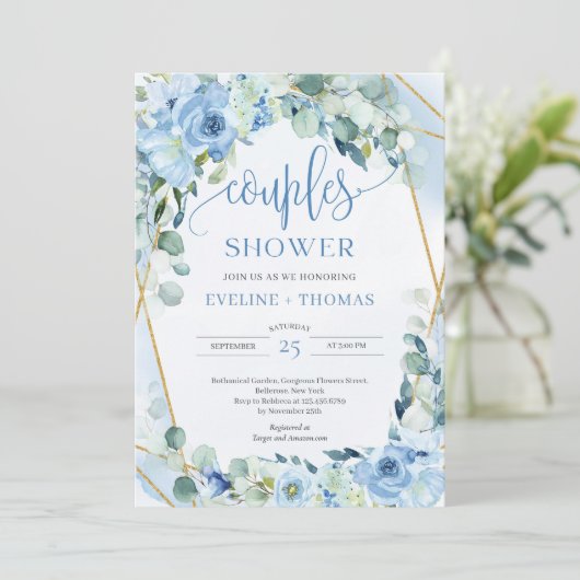 書道の水色の青いフローラカップルのシャワー 招待状 (スタンド正面)