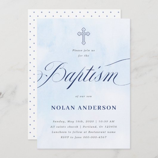 書道の洗礼で青い水彩十字 招待状 (正面/裏面)