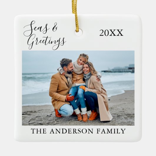 書道の海と挨拶の写真 セラミックオーナメント (正面)