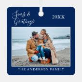 書道の海と挨拶Photo Navy Blue メタルオーナメント (正面)