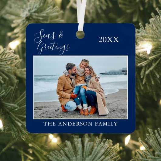 書道の海と挨拶Photo Navy Blue メタルオーナメント (インサイチュ)