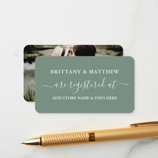 書道の登結婚録写真Sage Green エンクロージャーカード (正面/裏面インサイチュ)