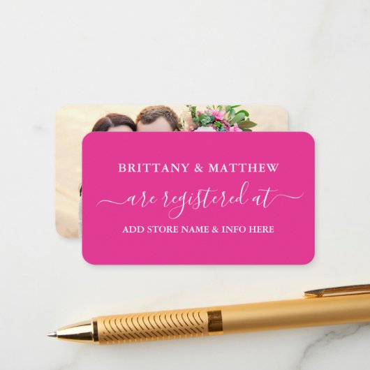 書道の結婚登モダン録写真ホットピンク エンクロージャーカード (正面/裏面インサイチュ)