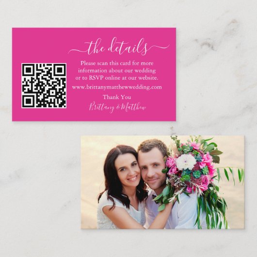 書道の結婚詳細くもの巣QRフォトホットピンク エンクロージャーカード (正面/裏面)
