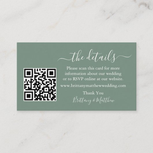 書道の結婚詳細QR写真Sage Green エンクロージャーカード (正面)