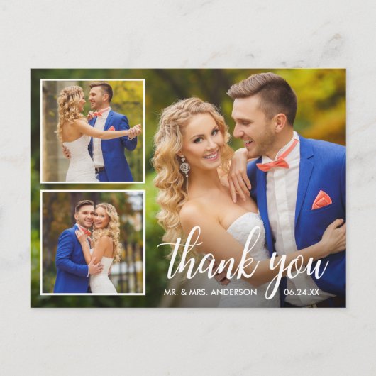 書道の結婚3枚の写真のコラージュありがとう ポストカード (正面)