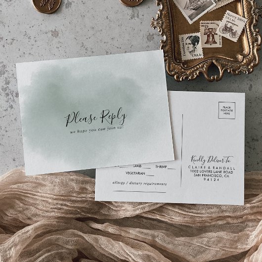 書道の緑と白のメニュー選択RSVP ポストカード