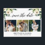 書道の緑のフローラ日付を保存3写真 案内ポストカード<br><div class="desc">書モダン跡スクリプト、水色の緑の白いフローラ、保存の日付婚約発表カップル3写真はがき</div>