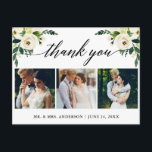 書道の緑のフローラ結婚の写真ありがとう ポストカード<br><div class="desc">書モダン道、水彩緑の白フローラ、結婚3枚の写真ありがとうはがき</div>