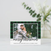 書道の緑の格子柄のカップルのフォトクリスマス ポストカード (スタンド正面)