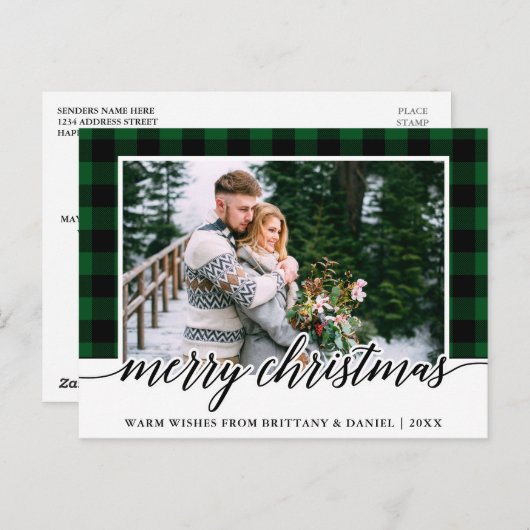 書道の緑の格子柄のカップルのフォトクリスマス ポストカード (正面/裏面)