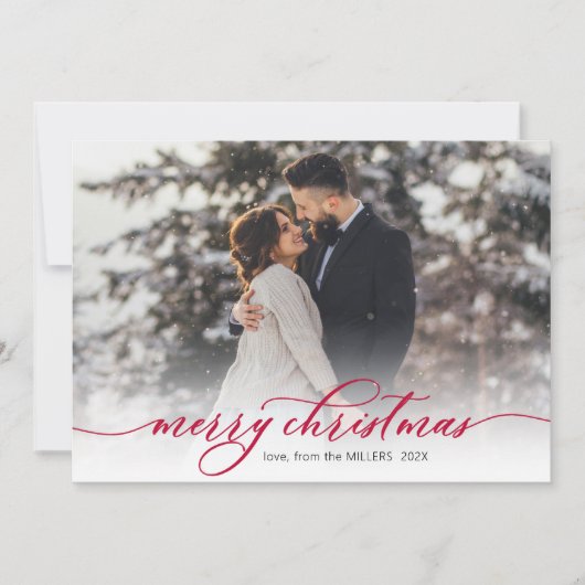 書道の赤いスクリプトの葉フォトクリスマス シーズンカード (正面)