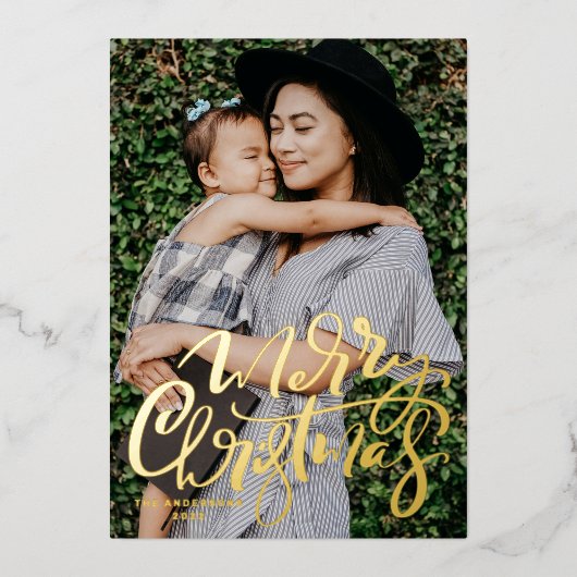 書道はっきりしたモダン写真メリークリスマス 箔シーズンカード (正面)