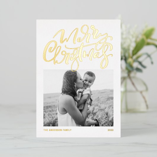 書道はっきりしたモダン写真メリークリスマス 箔シーズンカード (立ち正面)