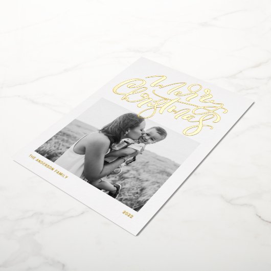 書道はっきりしたモダン写真メリークリスマス 箔シーズンカード (回転した状態)