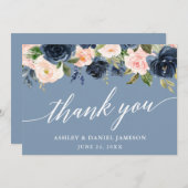 書道ほこりっぽいブルーピンク結婚フローラ サンキューカード (正面/裏面)