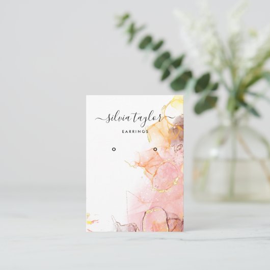 書道アート赤面ピンクイヤリングディスプレイカード 名刺 (スタンド正面)