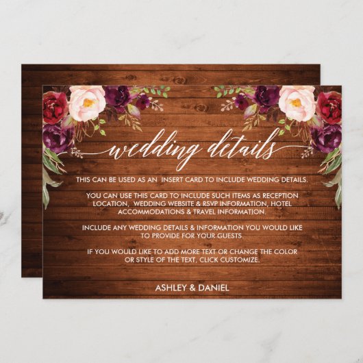 書道ウッドフローラ結婚の詳細カード セーブザデート (正面/裏面)