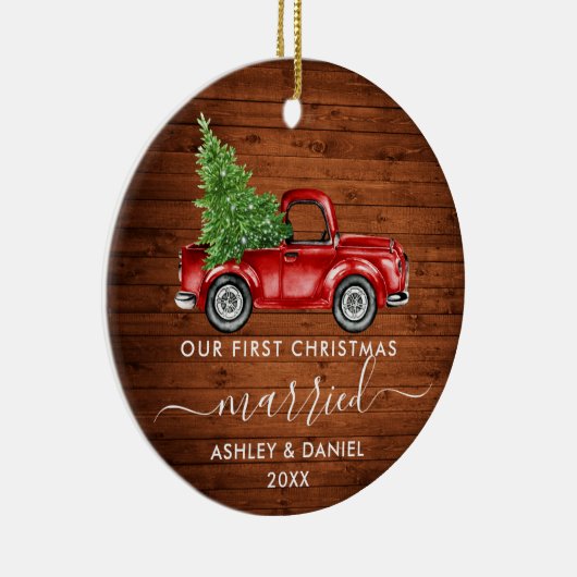書道ウッド初めてのクリスマス結婚したトラック セラミックオーナメント (右)