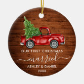 書道ウッド初めてのクリスマス結婚したトラック セラミックオーナメント (正面)