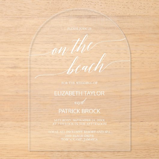 書道エレガントアーチホワイトボホビーチ結婚式 アクリル招待状 (正面)