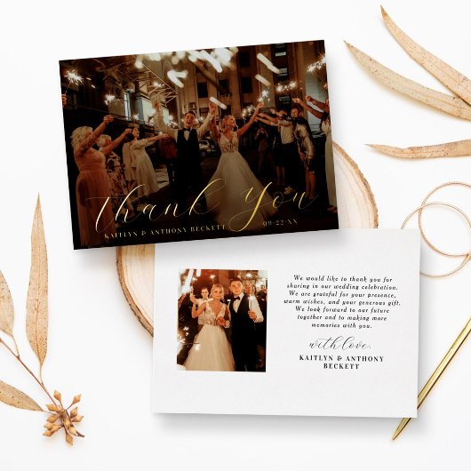 書道エレガントカスタムウェディング写真ありがとう 箔招待状