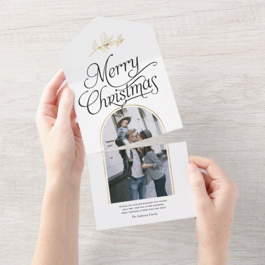 書道エレガントクリスマス休暇の家族の写真 オールインワン招待状 (貼ってはがせる)