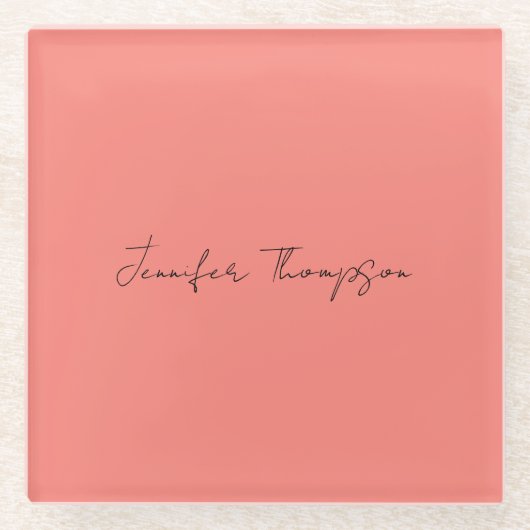 書道エレガントコーラルピンクプレーンシンプル名 ガラスコースター (正面)