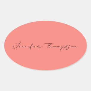 書道エレガントコーラルピンクプレーンシンプル名 楕円形シール