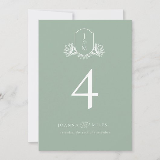 書道エレガントセージ緑のクレストテーブル番号 招待状 (正面)
