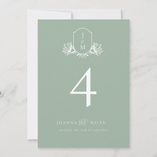書道エレガントセージ緑のクレストテーブル番号 招待状 (裏面)
