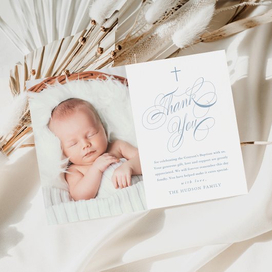 書道エレガントダスティブルーボーイズ写真バプテスマ サンキューカード