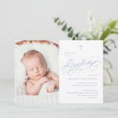 書道エレガントダスティブルーボーイズ写真バプテスマ 招待状 (スタンド正面)