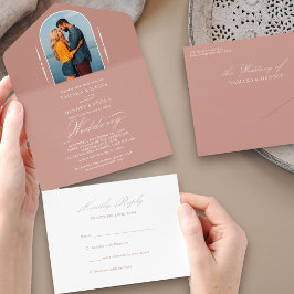 書道エレガントバラ金ゴールド写真RSVP結婚's オールインワン招待状