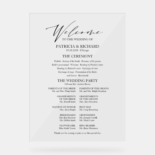 書道エレガントミニマル結婚式 プログラム アクリルサイン (正面)