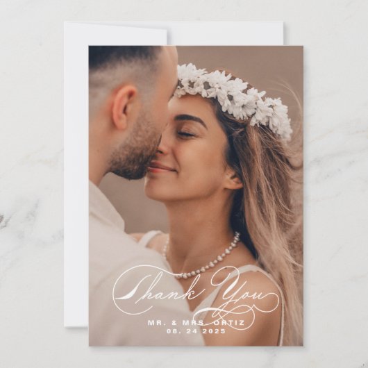 書道エレガント写真の結婚ブルゴーニュ サンキューカード (正面)