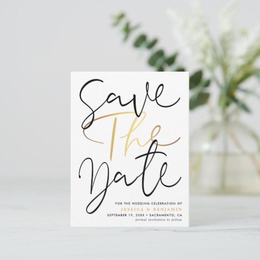 書道エレガント写真の結婚式が日付を救う 案内ポストカード (スタンド正面)