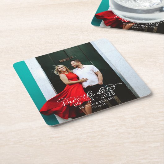 書道エレガント写真ホワイト文字日付の保存 スクエアペーパーコースター (アングル)