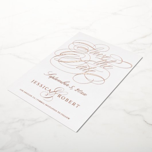 書道エレガント日付の保存フォトバラ金ゴールド 箔招待状 (回転した状態)